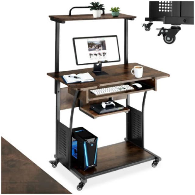 Tectake Desk Fife - 3 Levels, Attachable Shelf And Keyboard Tray, 4 Castors 65cm - Industrial Wood Dark, Rustic