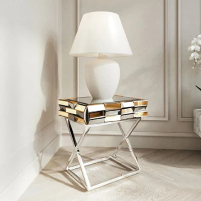 CARME HOME Carme Home - Knightsbridge - Luxury Mirrored Side Table 3D Glass Effect Design With Drawer Chrome Crossed Legs Bedroom Living Room Furnitur