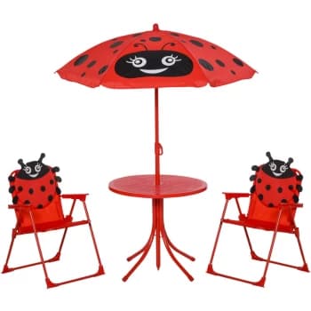 Kids Outdoor Bistro Table and Chair Set Ladybird Pattern Garden Patio Backyard with Removable & Height Adjustable Parasol - Outsunny