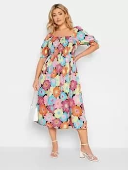 Yours Shirred Maxi Dress - Bright Floral, Black, Size 16, Women