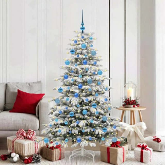 vidaXL Artificial Hinged Christmas Tree with Blue Balls White 180cm PE and PVC, White 3395647