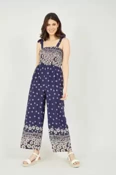 Navy Daisy Border Shirred Tie Jumpsuit