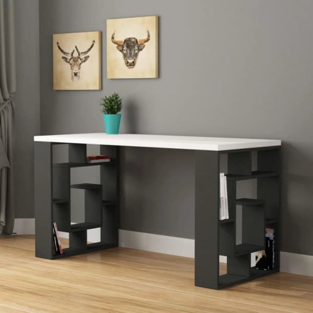 DECORTIE Decortie - Labirent Modern Desk With Bookshelf Legs - White / Anthracite Grey - Anthracite Grey M.MS.11181.18