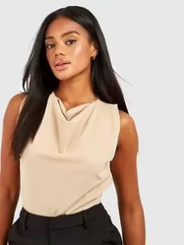 Boohoo Crepe Cowl Neck Belted Blouse - Stone, Beige, Size 14, Women