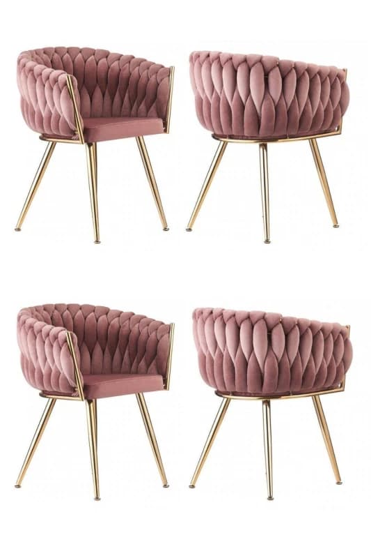 Life Interiors Set of 4 Roma Knot Velvet Armchairs with Gold Metal Legs, Modern Tufted Design for Living Room in Pink Pink Unisex