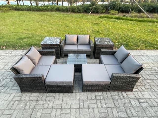 Fimous Outdoor Lounge Sofa Set Wicker PE Rattan Garden Furniture Set with Square Coffee Table Double Seat Sofa Big Footstool in Dark Grey Dark Grey Un