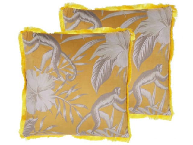 Beliani Set Of 2 Decorative Cushions Manju Velvet 45 X 45cm Yellow Animal Pattern