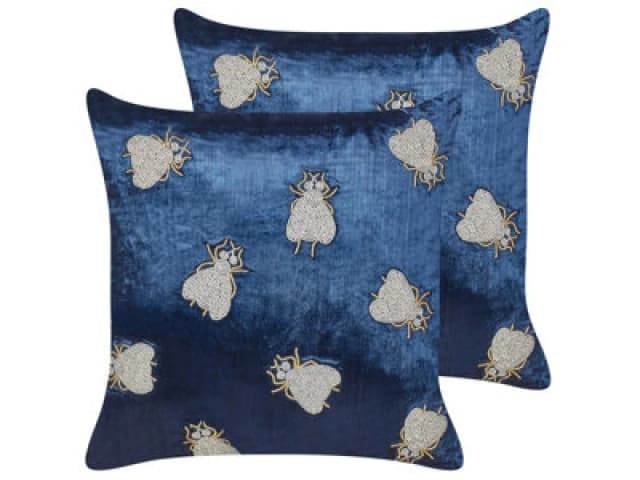 Beliani Set Of 2 Decorative Cushions Pentas Velvet 45 X 45cm Navy Blue Animal Pattern