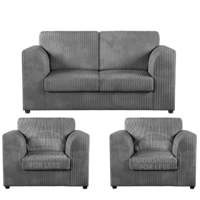 Furnishings For Less UK Luxor Jumbo Cord 2 + 1 + 1 Fabric 3 Piece Sofa Suite - Fullback Grey
