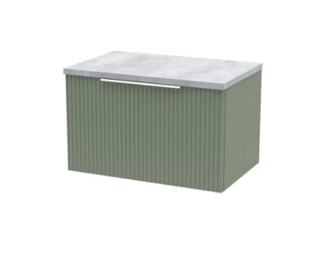 Hudson Reed Fluted Wall Hung 1-Drawer Vanity Unit & Bellato Grey Laminate Worktop, Counter Top Vanity Unit In Satin Green, 600mm