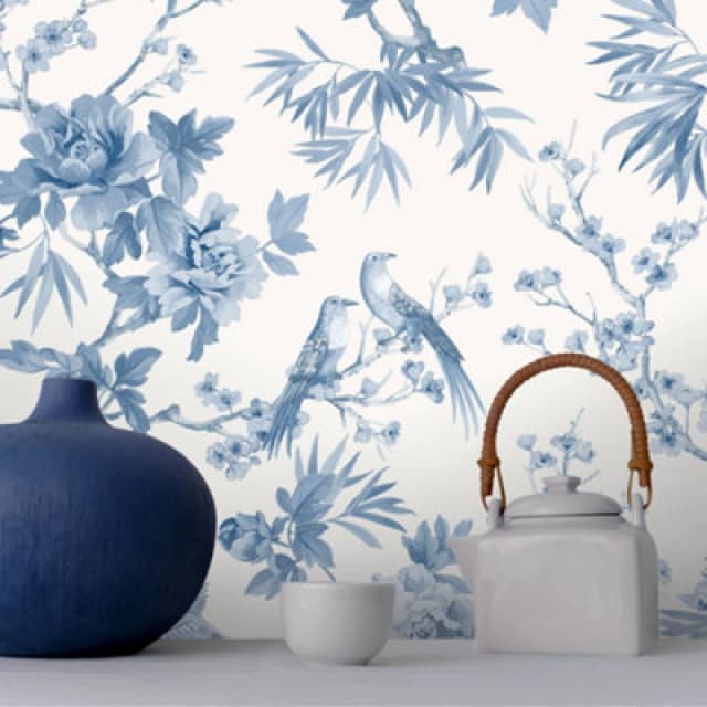 Rasch Elegant Homes Chinoiserie Exotic Birds Floral Leaf Flowers Leaves Wallpaper Blue