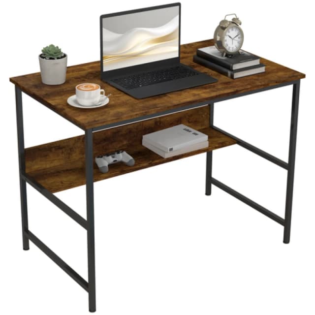 HOMCOM HOMCOM 2-Tier Writing Desk Metal Frame with Storage Shelf Rustic Brown Brown One Size Unisex 5063603033962