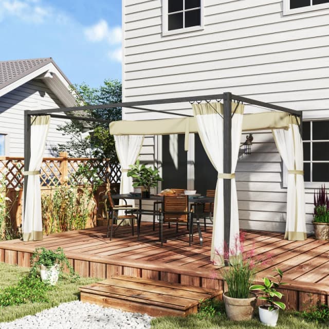 Outsunny 3 x 4m Pergola with Retractable Roof and Netting, Khaki 84C-482V00KK