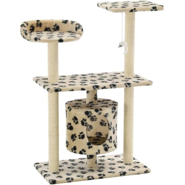 vidaXL Cat Tree with Sisal Scratching Posts 95cm Beige Paw Prints Playhouse