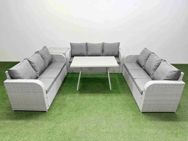 Fimous 9 Seat Outdoor Rattan Garden Furniture with 3 Seater Sofa Side Table in Light Grey Light Grey Unisex