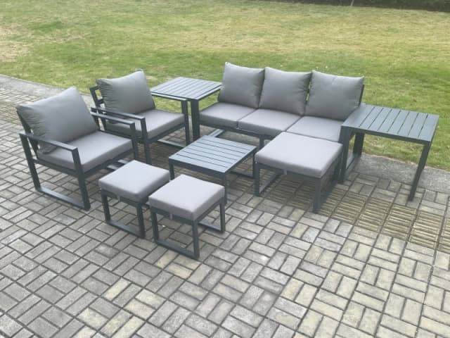 Fimous Aluminium Outdoor Lounge Sofa Set Garden Furniture Sets with Square Coffee Table 2 Chairs 3 Footstools 2 Side Tables Dark Grey 8 Seater Dark Gr