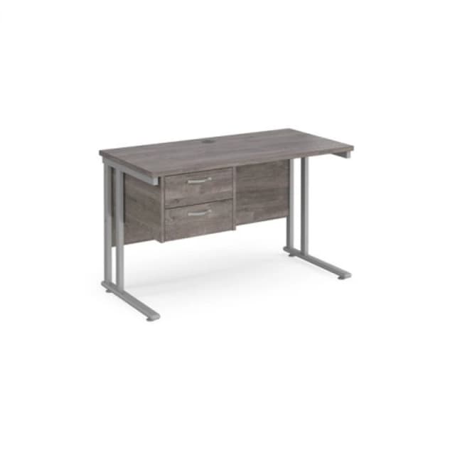 Maestro 25 Grey Oak Straight Office Desk with 2 Drawer Pedestal and Silver Cantilever Leg Frame - 1200mm x 600mm