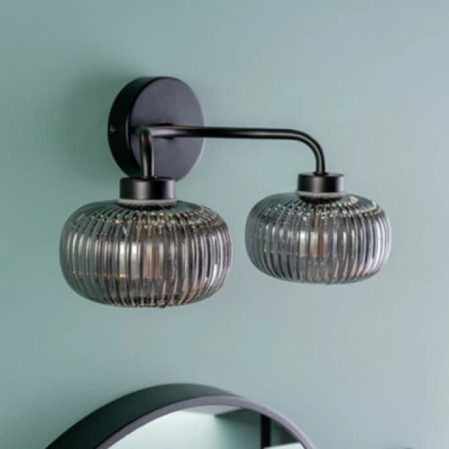 ValueLights Amaia Black IP44 Bathroom 2 Way Smoked Ribbed Glass Wall Light with LED Bulbs Black unisex