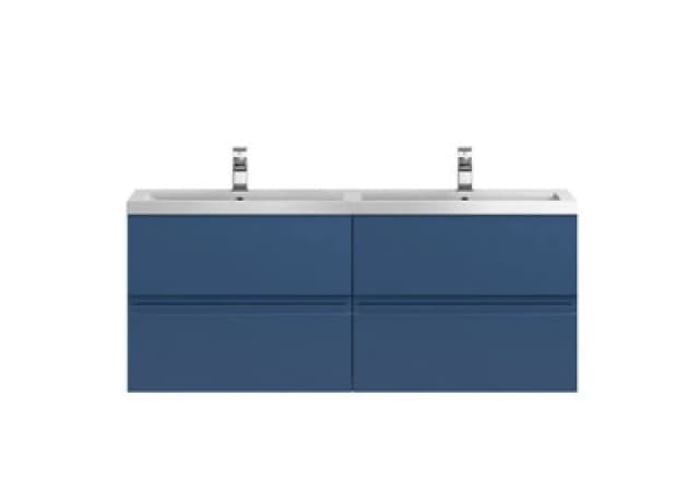 Nuie Hudson Reed Urban Wall Hung 4 Drawer Vanity Unit With Double Polymarble Basin, Modern Bathroom Furniture In Satin Blue, 1200mm