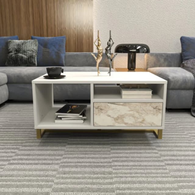 Decorotika - Utopie Modern Coffee Table With Cabinet - White And White Marble Effect, Multi UTP35CT02