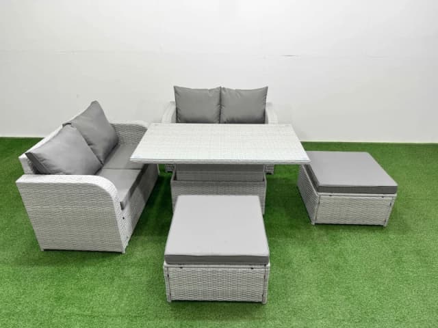 Fimous 6 Seater Outdoor Love Sofa Set Rattan Garden Furniture Set with Adjustable Lifting Dining or Coffee Table 2 Footstool Light Grey Light Grey