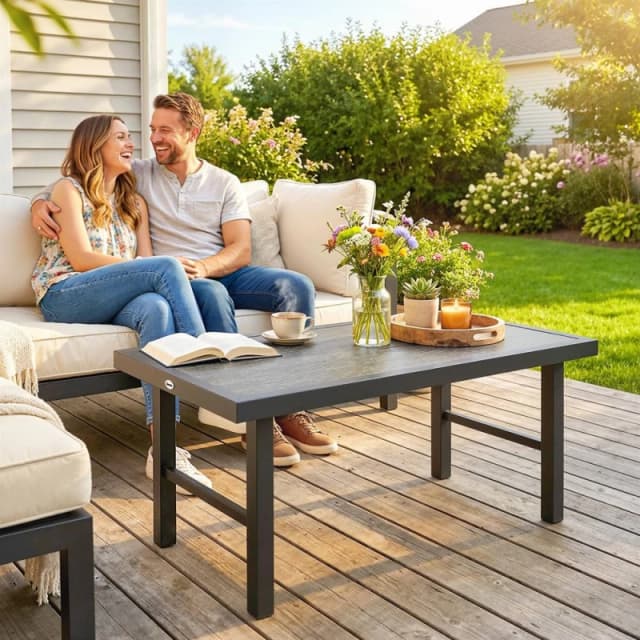 OUTSUNNY Garden Coffee Table with SPC Woodgrain Tabletop, Dark Grey Dark Grey Unisex