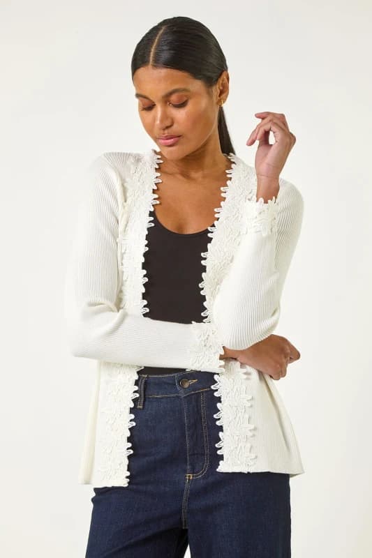Roman Lace Trim Knit Cardigan Ivory
