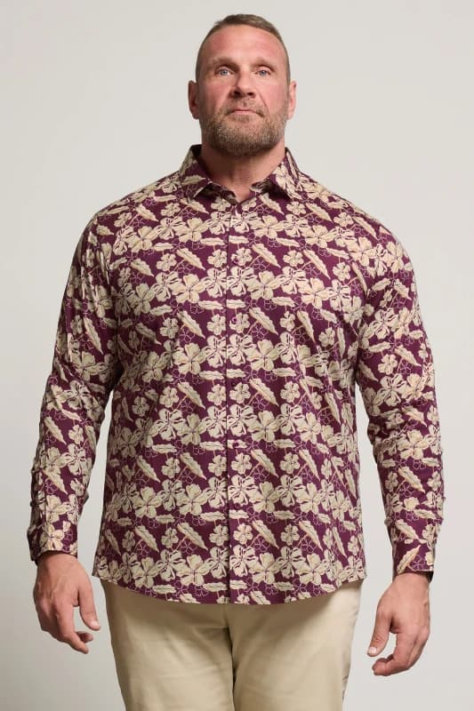 BadRhino BadRhino Men Premium Leaf Print Long Sleeve Shirt in Burgundy Burgundy One Size Male 5063589043610