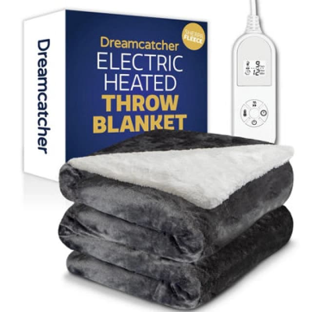 Dreamcatcher Sherpa Fleece Electric Heated Throw Over Blanket Double Polyester 160Cm X 120Cm Dark Grey