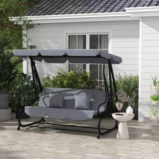 Outsunny 2-in-1 Garden Swing Chair for 3 Person w/ Adjustable Canopy Grey 84A-050V02CG