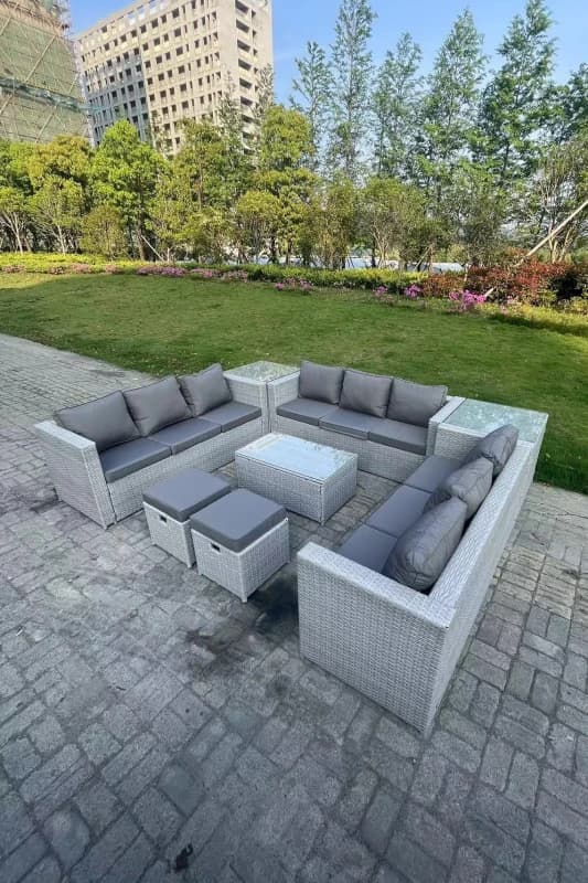 Fimous Outdoor Rattan Garden Furniture Set Lounge Sofa Set 2 Coffee Table 2 Footstools Light Grey