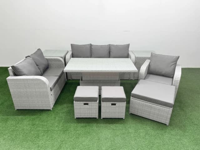 Fimous Patio PE Wicker 9 Seater Outdoor Rattan Furniture Sofa Sets with Adjustable Lifting Dining or Coffee TableStool 2 Side Table Light Grey