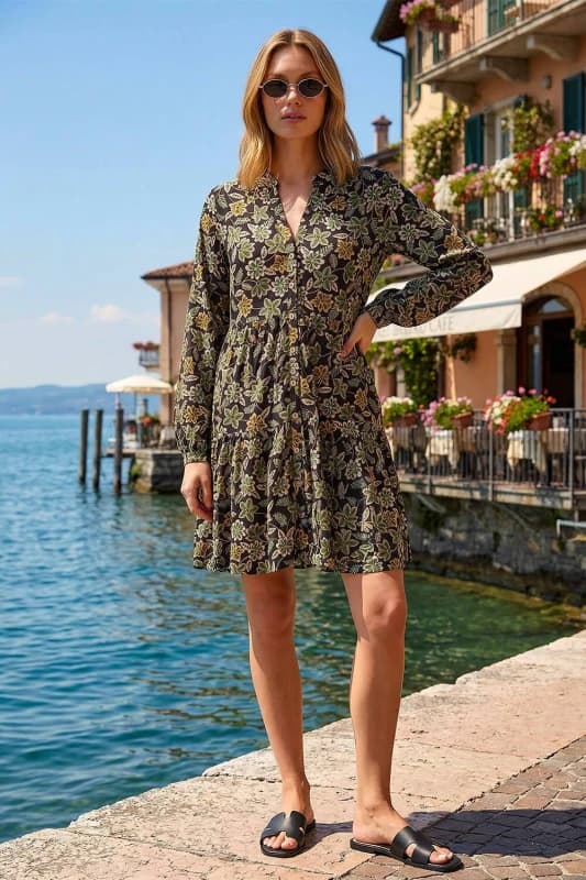 Roman Womens Floral Print Button Stretch Dress in Green Size: 18 Green Female 18