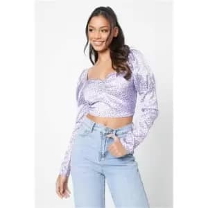 I Saw It First Lilac Dalmation Print Puff Sleeve Crop Top - Purple