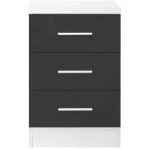 Dark Grey Gloss 3 Drawer Tall Bedside Cabinet Table Matt White Frame - Grey