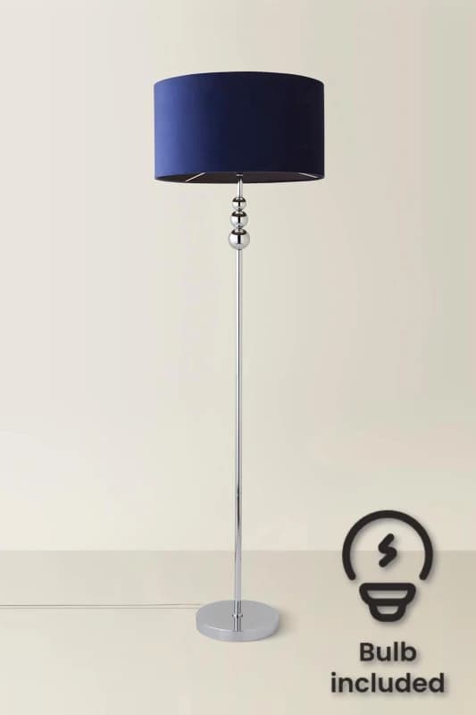 ValueLights Marissa Velvet Drum Shade with Chrome Stacked Ball Floor Lamp with LED Bulb Navy
