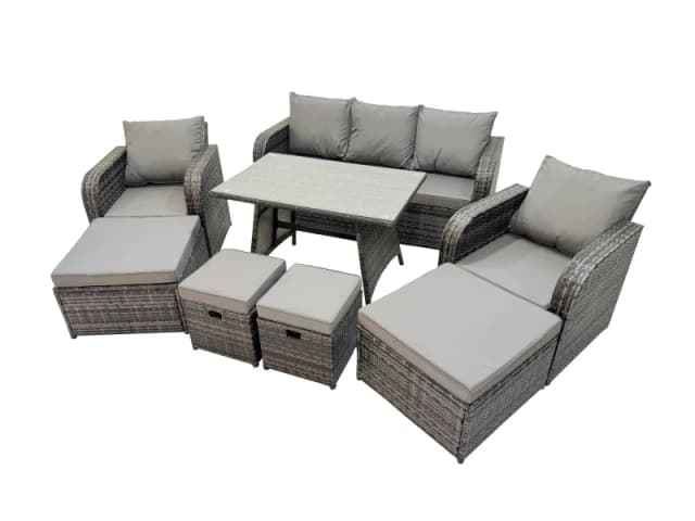 Fimous Garden Rattan Furniture Set 9 Seater with 2 Big Stool 2 Small Stools in Dark Grey Dark Grey Unisex