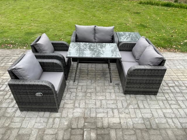 Fimous Wicker PE Rattan Garden Dining Set Outdoor Furniture Sofa with Rectangular Dining Table Side Table Dark Grey Mixed Dark Grey