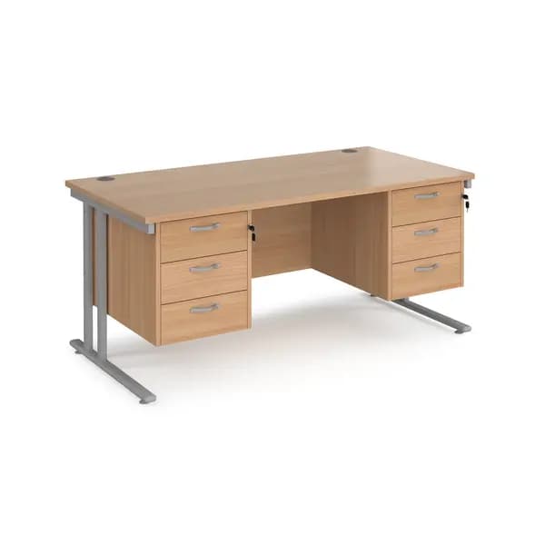 Maestro 25 Beech Straight Office Desk with Two x 3 Drawer Pedestal and Silver Cantilever Leg Frame - 1600mm x 800mm