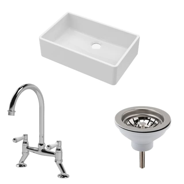 Balterley Fireclay 1 Bowl Butler Sink Waste Mixer Tap 795mm Silver