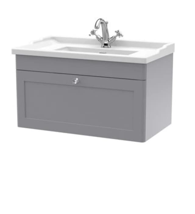 NUIE Classique Wall Hung 1-Drawer Vanity Unit with Traditional Basin 800mm Wide Satin Grey - 1 Tap Hole - Nuie CLC296F