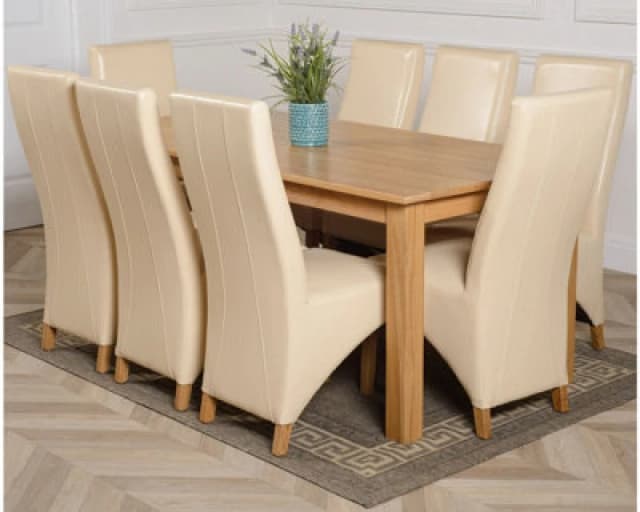 Thats Furniture Oslo 180 x 90cm Large Oak Dining Table & 8 Lola Leather Chairs in Cream Cream Unisex 180 x 90 cm