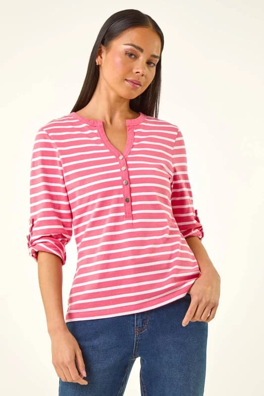 Roman Womens Petite Stripe V-Neck Button Top in Pink Size: 14 Pink Female 14