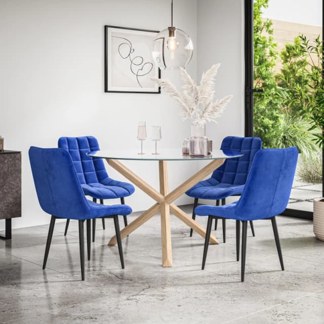 More4Homes Malvern Round Dining Table And Chairs - Clear Glass Table Top W Solid Oak Legs + Nova Velvet Dining Chair Set Of 4 (Blue)