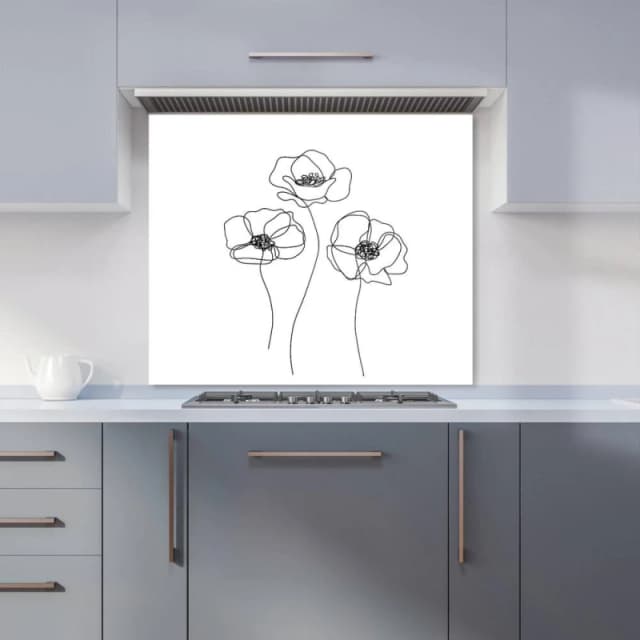 Warren Reed - Designer Monochrome Line Drawn Poppies Kitchen Splashback in White Size: 700mm x 650mm White Unisex 700mm x 650mm