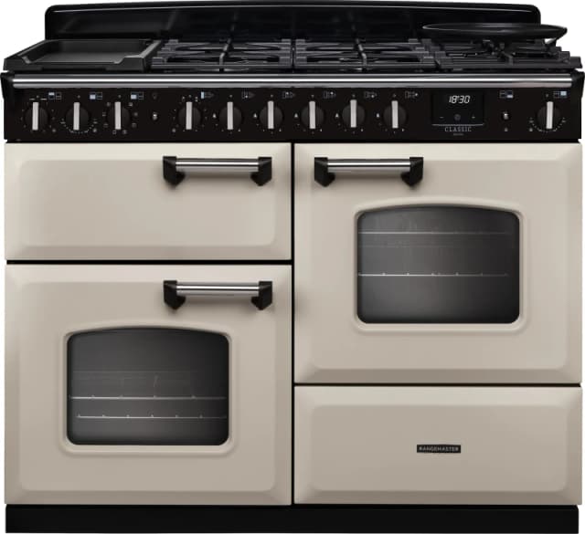Rangemaster Classic Deluxe 110 CLDLO110DFPPCR/CM1 110cm wide Dual Fuel Range Cooker with Gas Hob - Cream / Chrome - A Rated