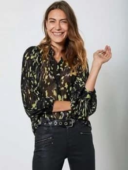 Mint Velvet Charlotte Animal Print Pleat Sleeve Blouse - Black