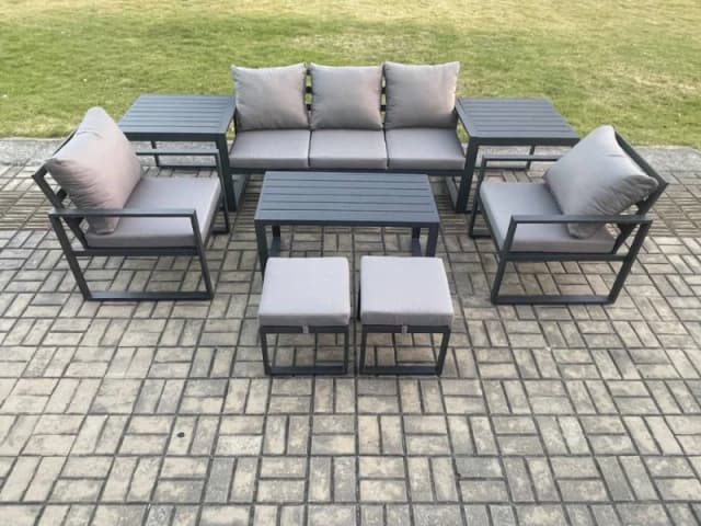Fimous Aluminium Patio Outdoor Furniture Set 8 Pcs Garden Sofa with Oblong Coffee Table 2 Small Footstools 2 Armchairs 2 Side Tables Dark Grey Dark Gr