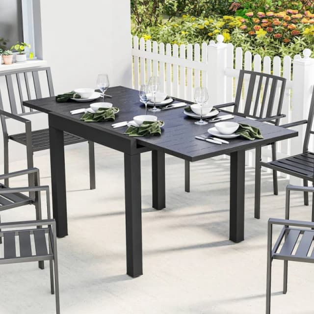 OUTSUNNY Aluminium Extending Garden Table with Faux Wood Slatted Top, Black Size: 160cm x 80cm Black Unisex 160cm x 80 cm