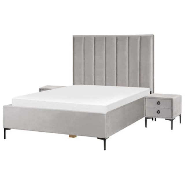 Beliani Bedroom Set Velvet Sezanne 140 X 200 Cm (Eu Double) Light Grey